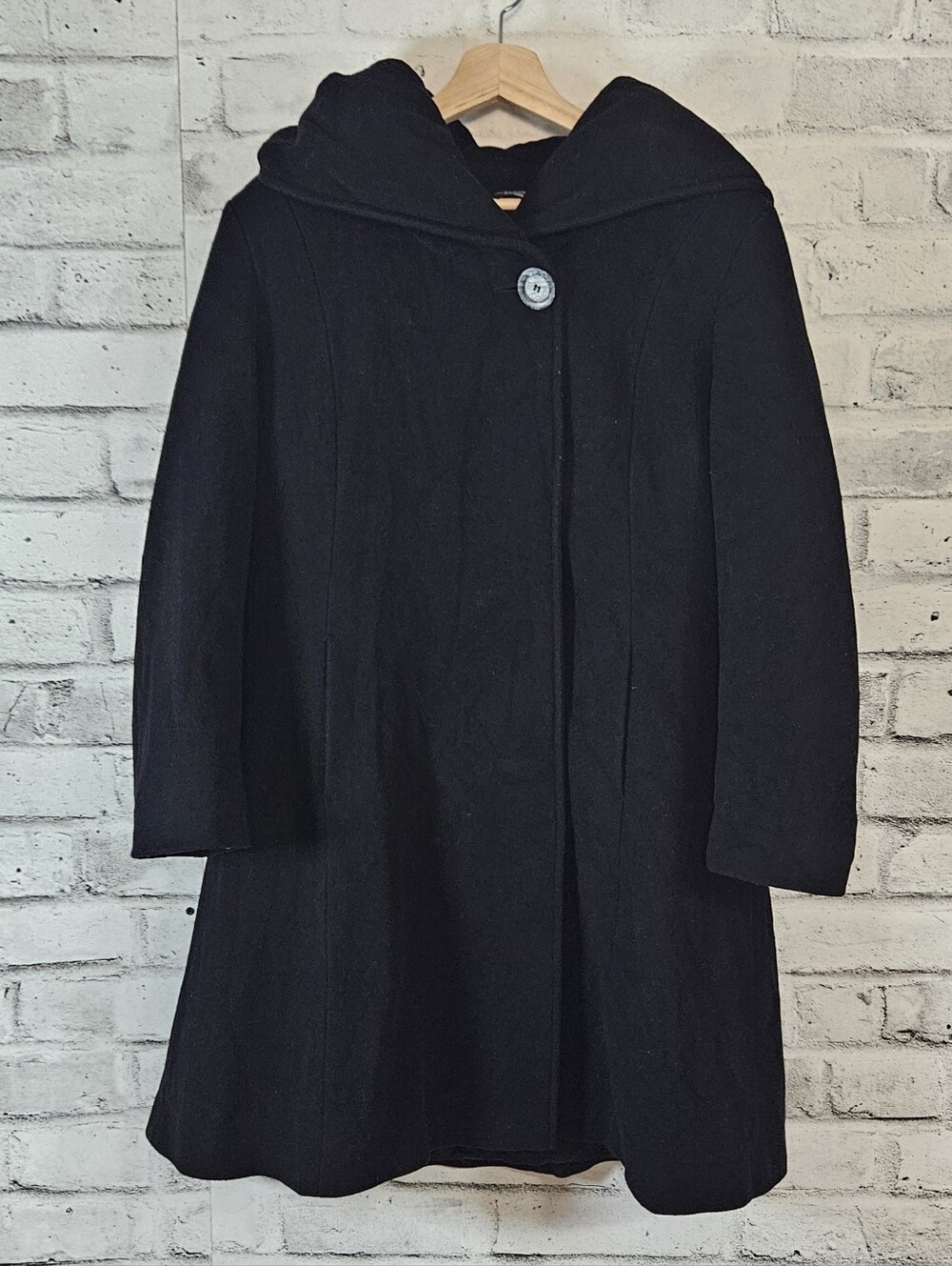Mallia Black Virgin Wool Cashmere Hooded Long Coat Women's Size 14